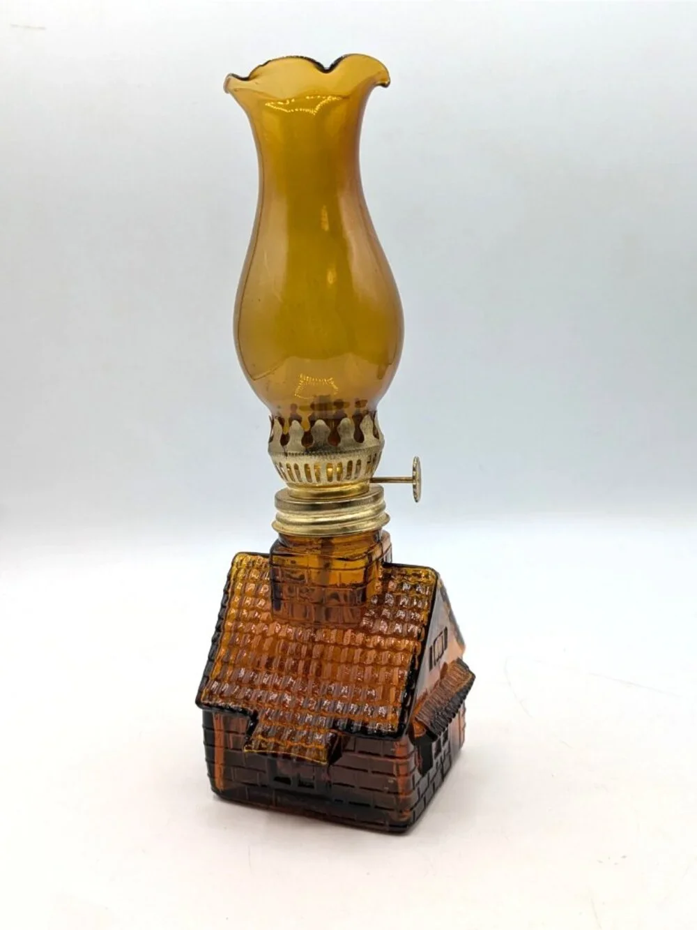 Vintage Cabin Shaped Amber Glass Mini Oil Lamp Lantern Made in Hong Kong 8.5